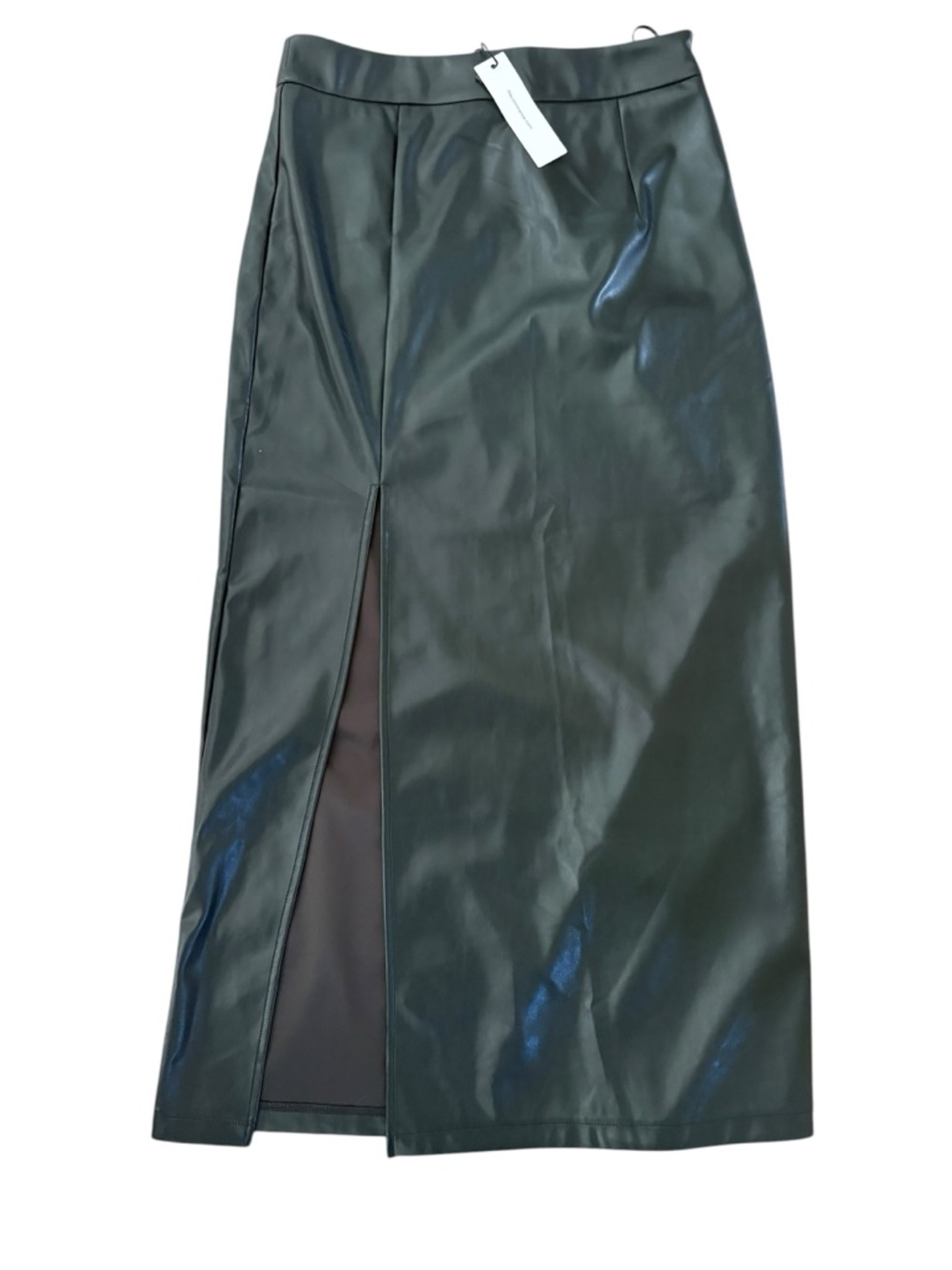 Commense Black Faux Leather Skirt with Front Slit Detail